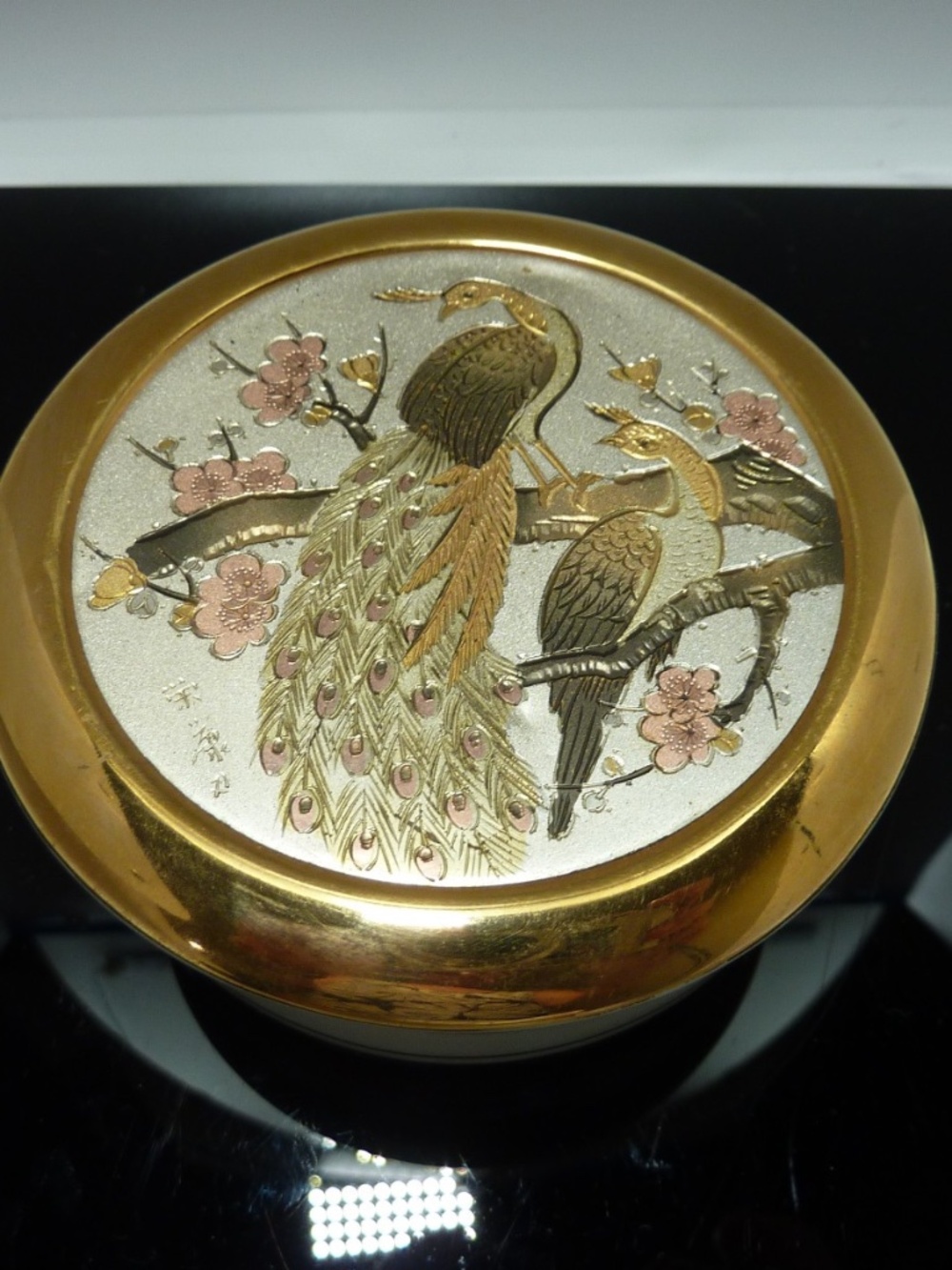 Vtg Japan Peacock Porcelain Trinket Box THE ART OF CHOKIN 24K Gold Copper Silver